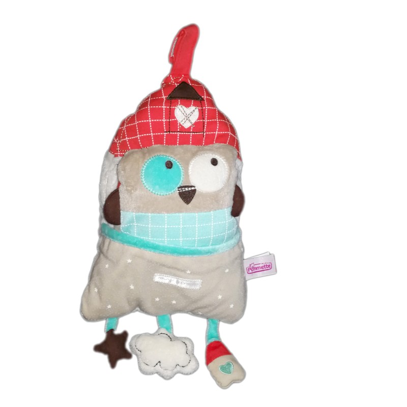 Doudou Hibou Miaosn My Home gris bleu rouge blanc Pommette 35 cm (19384)