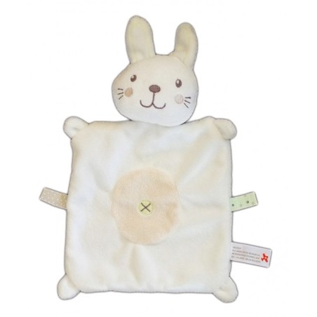 Doudou plat Lapin chat blanc beige croix nombril Nicotoy (1578)