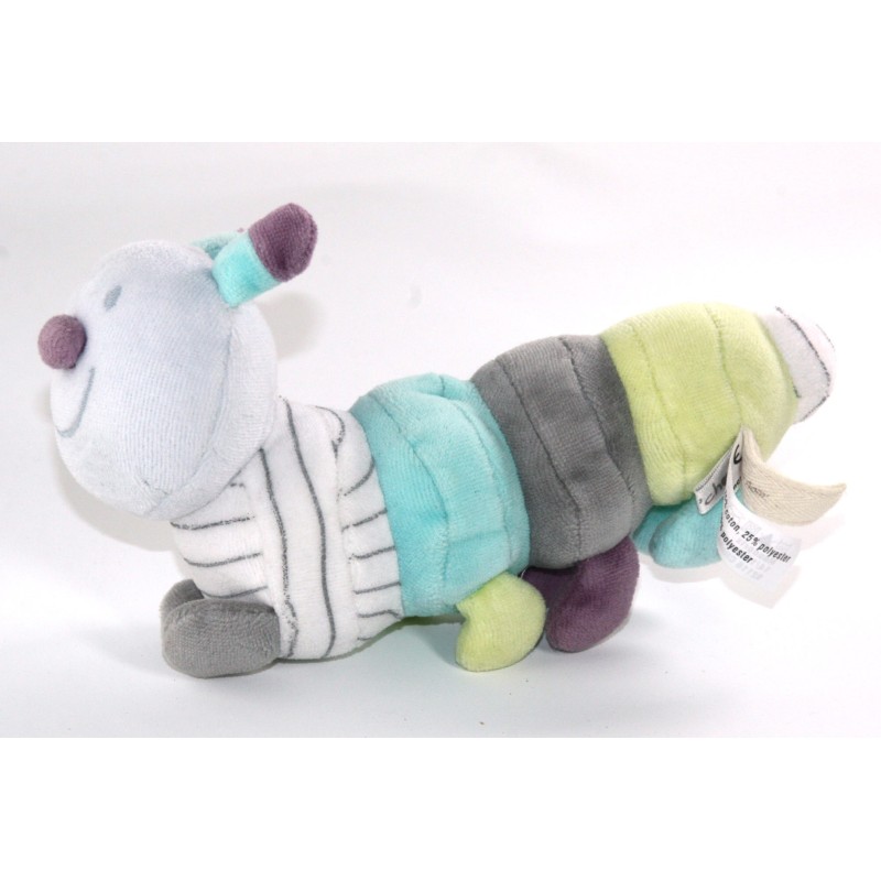 Doudou chenille bleue gris vert blanc 20 cm Bout chou Monoprix (23149)