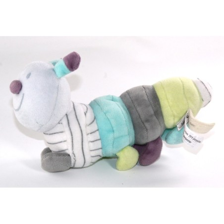 Doudou chenille bleue gris vert blanc 20 cm Bout chou Monoprix (23149)