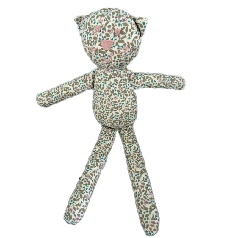 Doudou Chat fleurs blanc rose vert kaki Bout chou Monoprix 30 cm (22057)