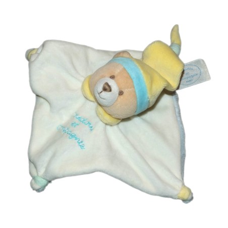 DOUDOU ET COMPAGNIE Mini doudou Ours Acidule plat blanc bleu bonnet jaune 16 cm (12235)