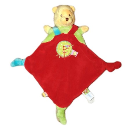 Doudou plat rouge Winnie Oiseau Etiquettes Disney Baby Nicotoy 3 noeuds (9621)
