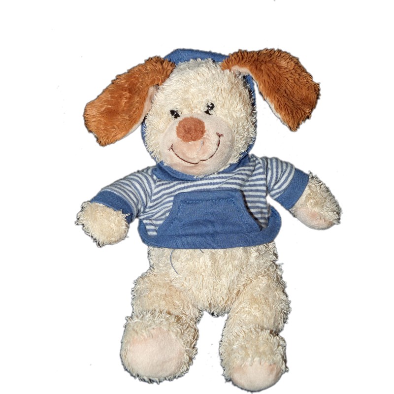 Doudou chien beige Pull capuche bleu rayures NICOTOY 22 cm (13077)