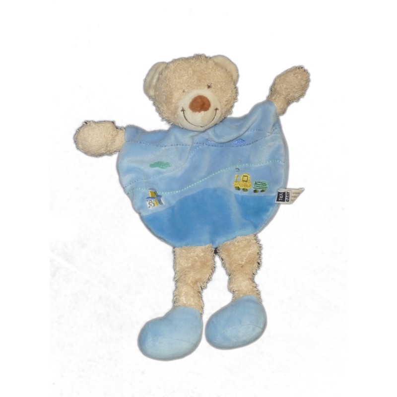 Doudou plat OURS bleu TEX Baby Carrefour - Tracteur brodé (10171)