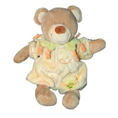 Doudou Peluche OURS beige Combinaison Pyjama jaune Fleur Verte TEX Carrefour 28 cm (12143)