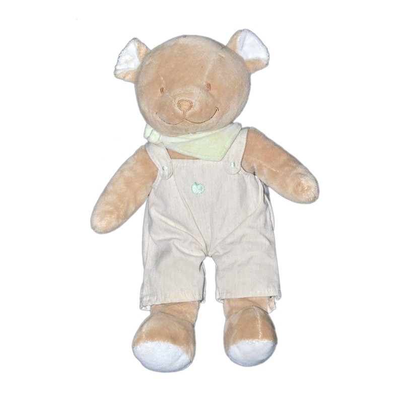 Doudou Ours beige salopette Pomme verte 30 cm Noukies (22682)