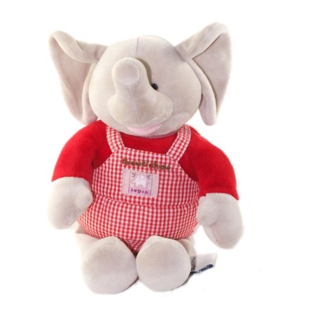 Peluche doudou Elephant India Gris rouge Salopette carreaux 28 cm BOUT CHOU (26104)