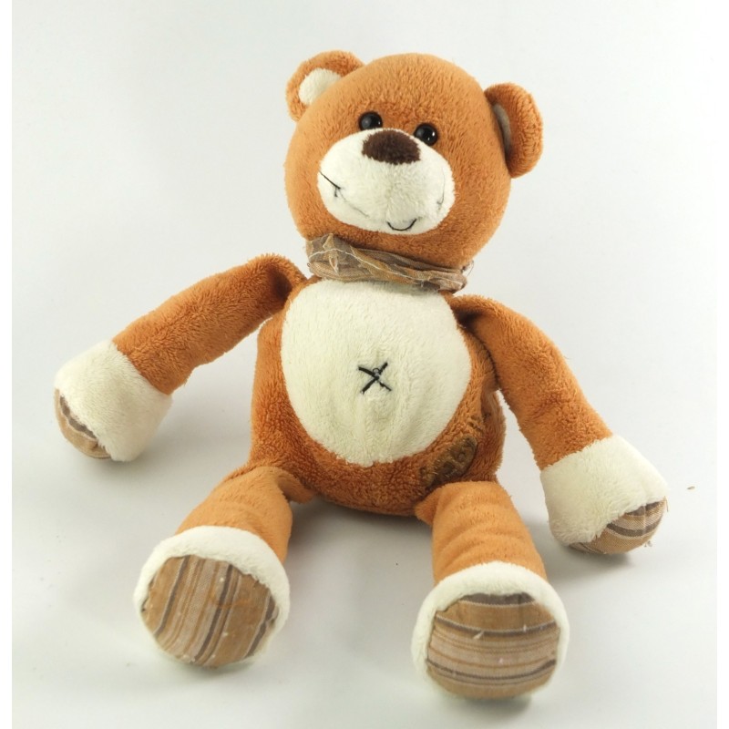 Doudou Ours marron blanc Bandana Foulard 25 cm Baby Nat (18657)