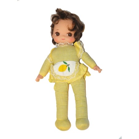 Ancienne Poupée tissu jaune vichy carreaux Citron dentelle 35 cm (27702)