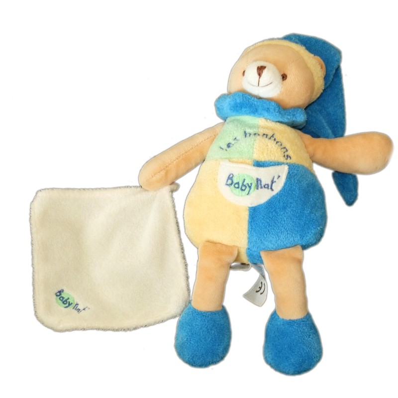 Doudou OURS bleu jaune Mouchoir Les Bonbons BABY NAT' Babynat - H 26 cm (11415)